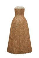Brown lace bustier gown by I.H.F Studio featuring intricate lace details and a fitted silhouette.