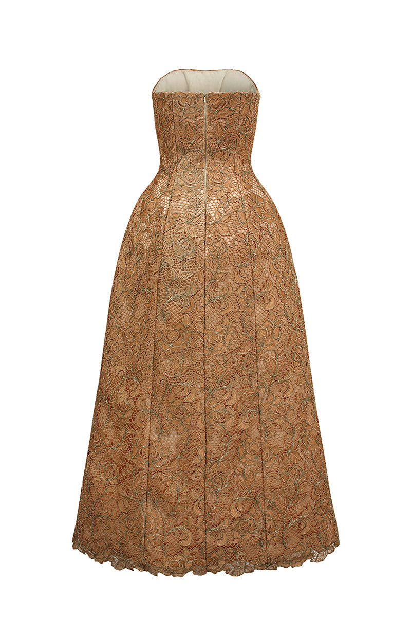Brown lace bustier gown by I.H.F Studio featuring intricate lace details and a fitted silhouette.