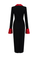 Black and red V-neck flared cuff knee-length midi dress by I.H.F Studio, featuring a stylish V-neck and flowing silhouette.