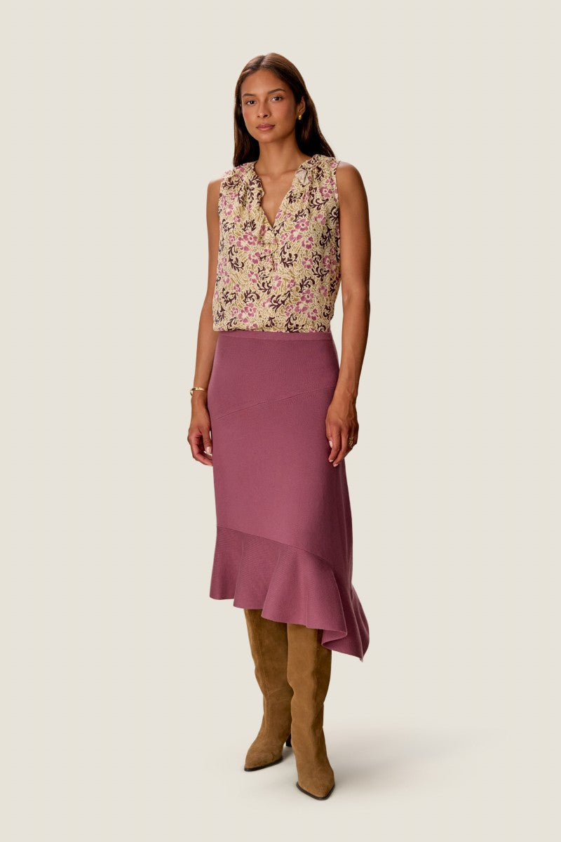 Rebecca Taylor Caroline ruffle sleeveless top in alabaster with multicolored pattern, sleeveless design and ruffled details.
