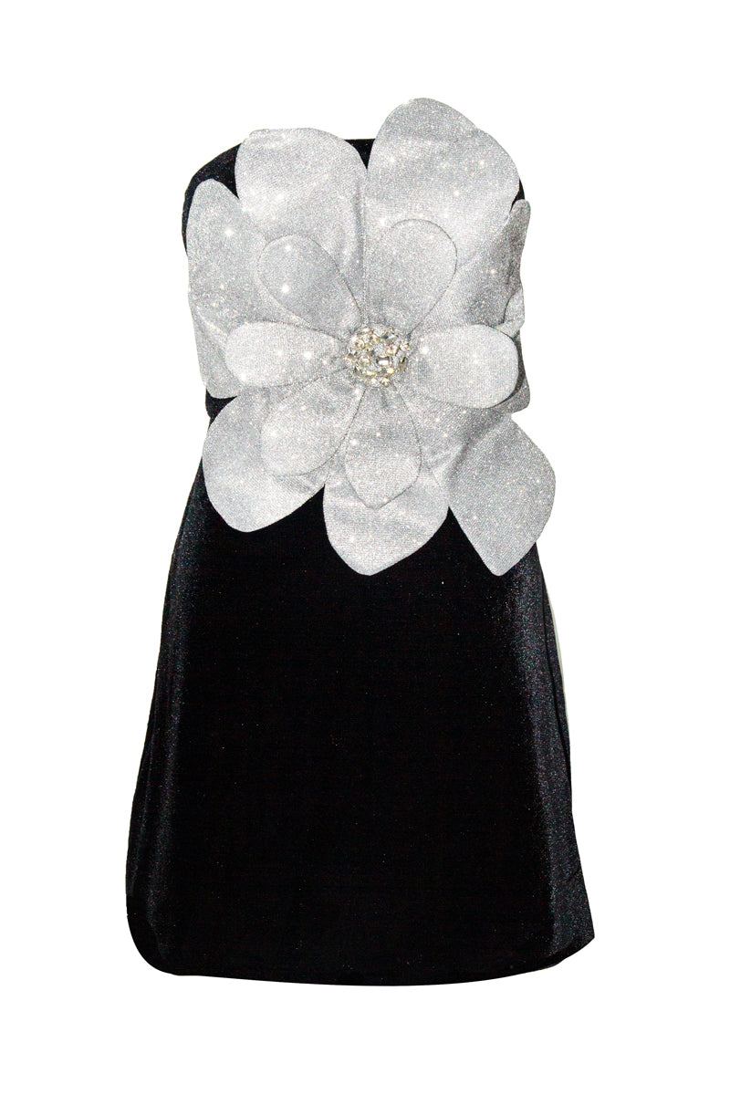 CALLA STRAPLESS ROSETTE MINI IN BLACK/SILVER - CULT MIA
