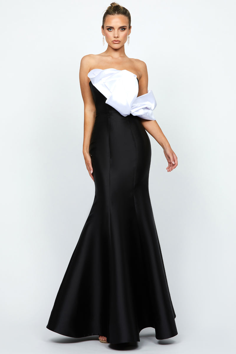 EMELY ONE SHOULDER RUFFLE GOWN IN BLACK AND WHITE - CULT MIA