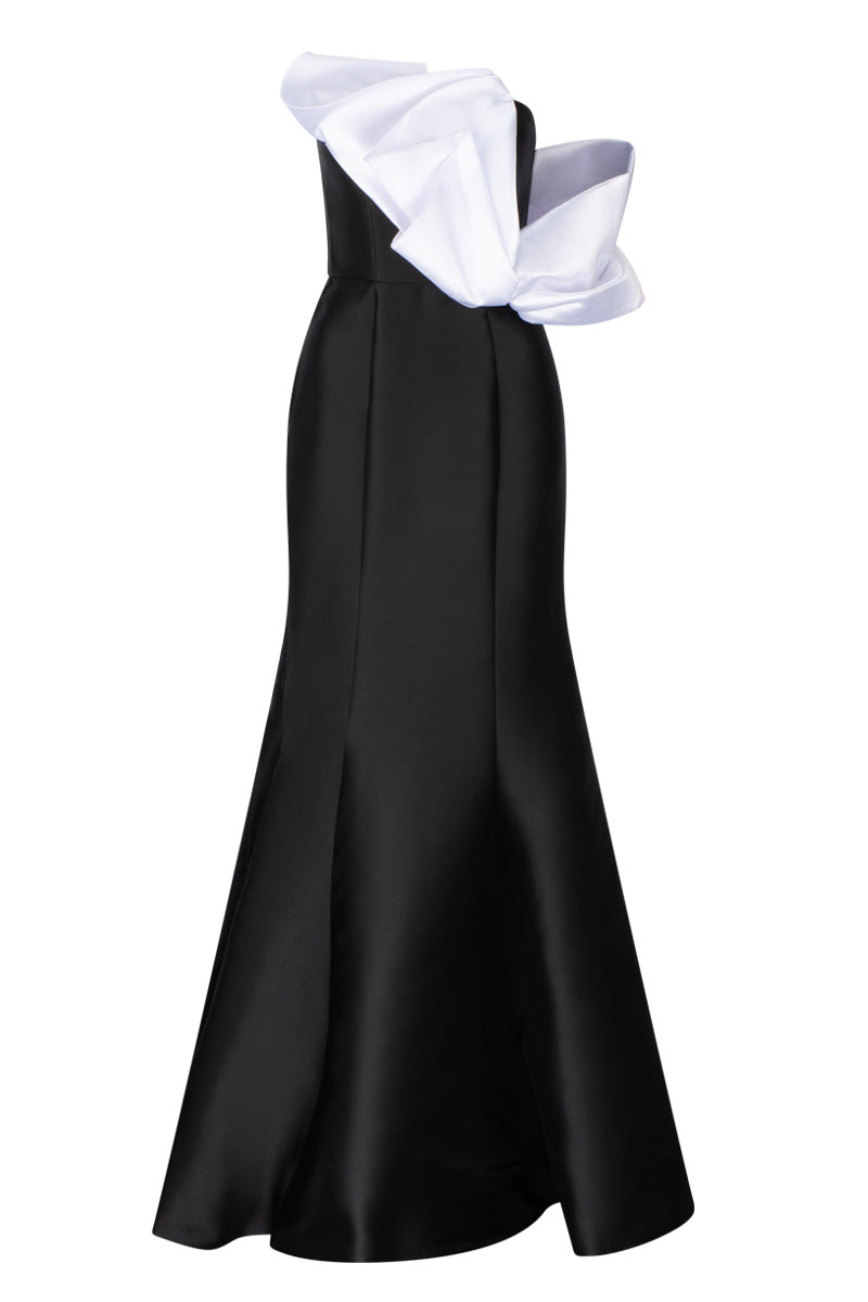 EMELY ONE SHOULDER RUFFLE GOWN IN BLACK AND WHITE - CULT MIA