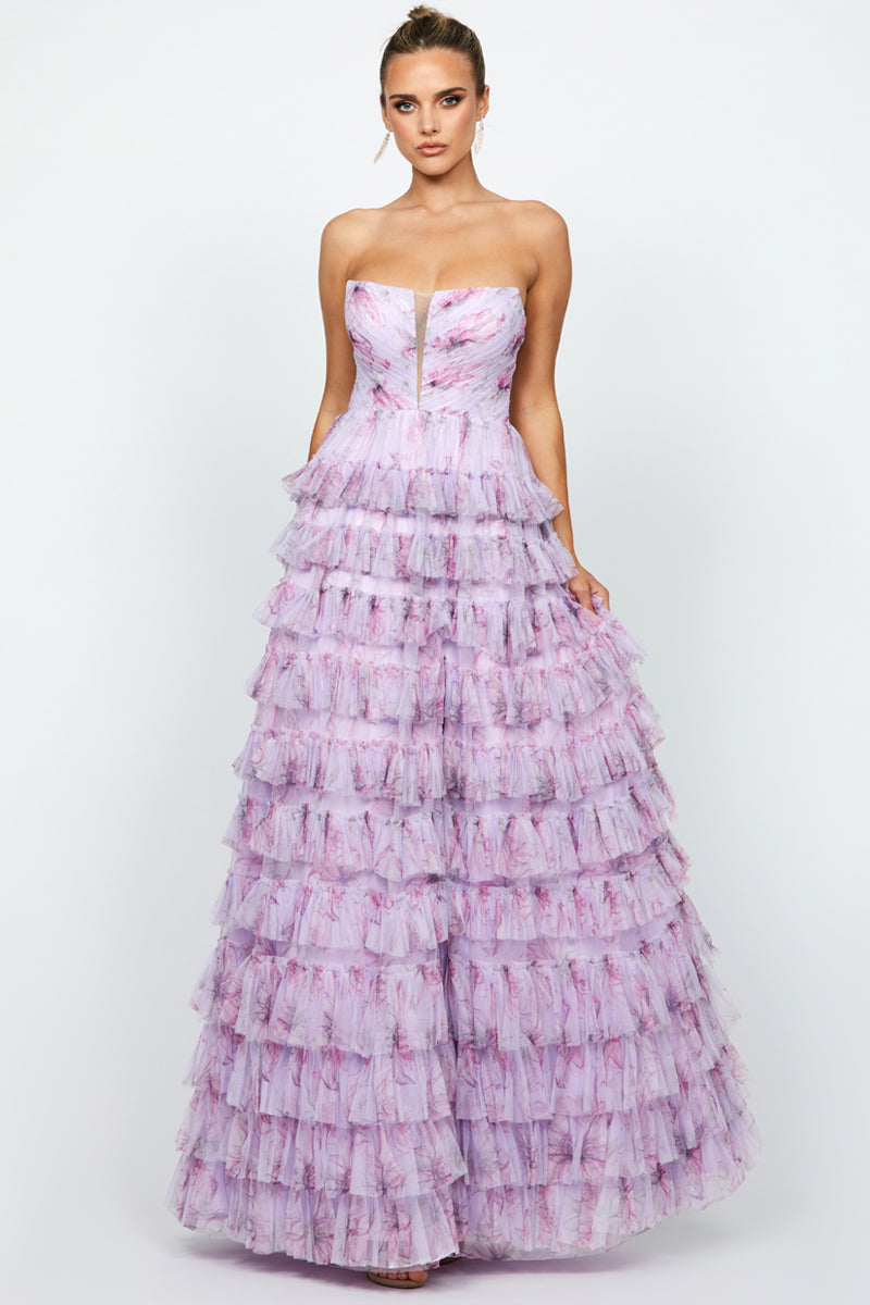 HARMONI STRAPLESS TIERED BALL GOWN IN LILAC PRINT - CULT MIA