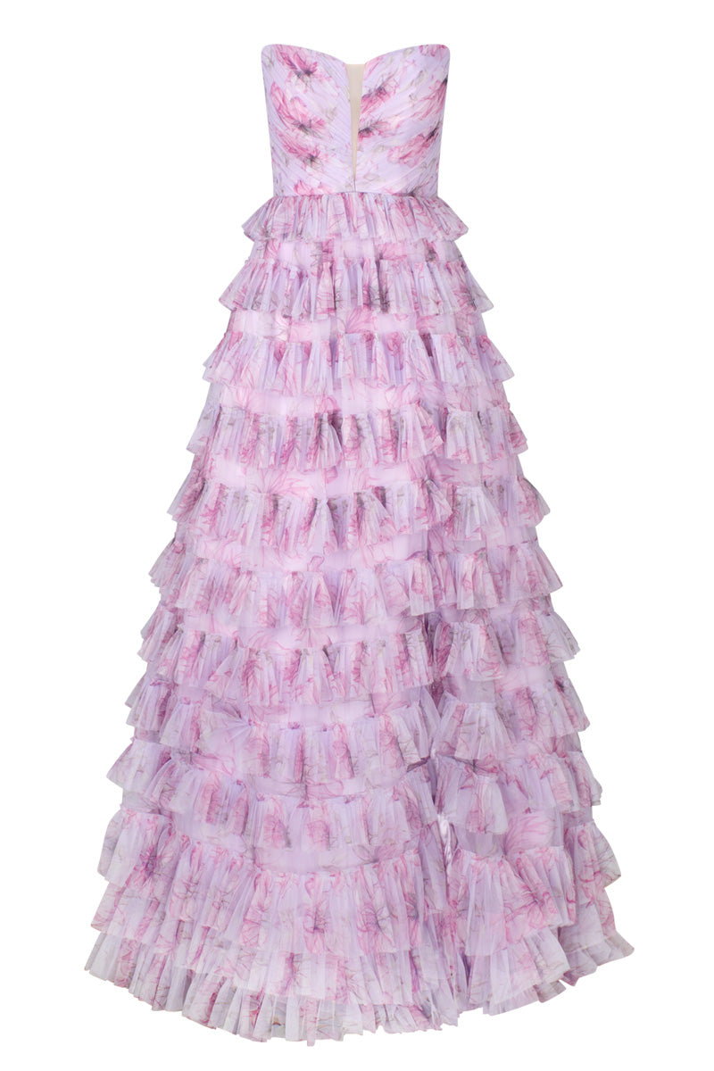 HARMONI STRAPLESS TIERED BALL GOWN IN LILAC PRINT - CULT MIA