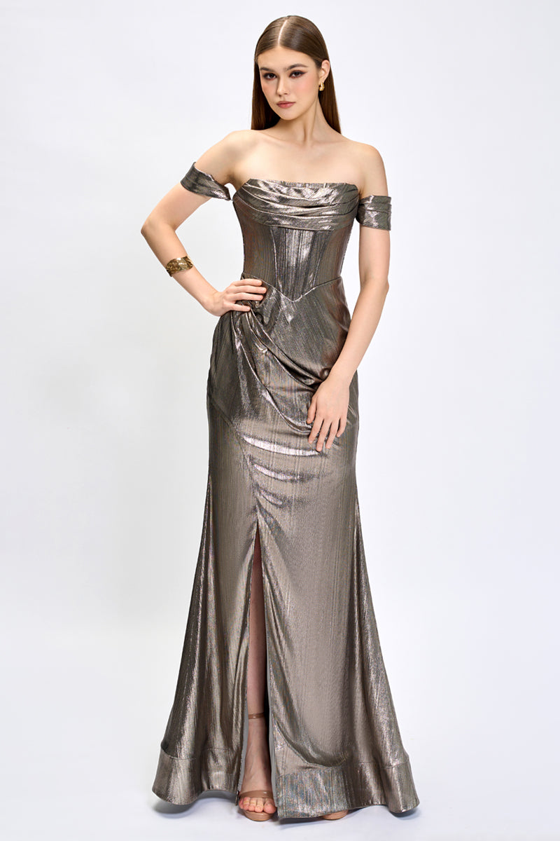 BRIDIE CORSET DRAPE GOWN IN GOLD - CULT MIA