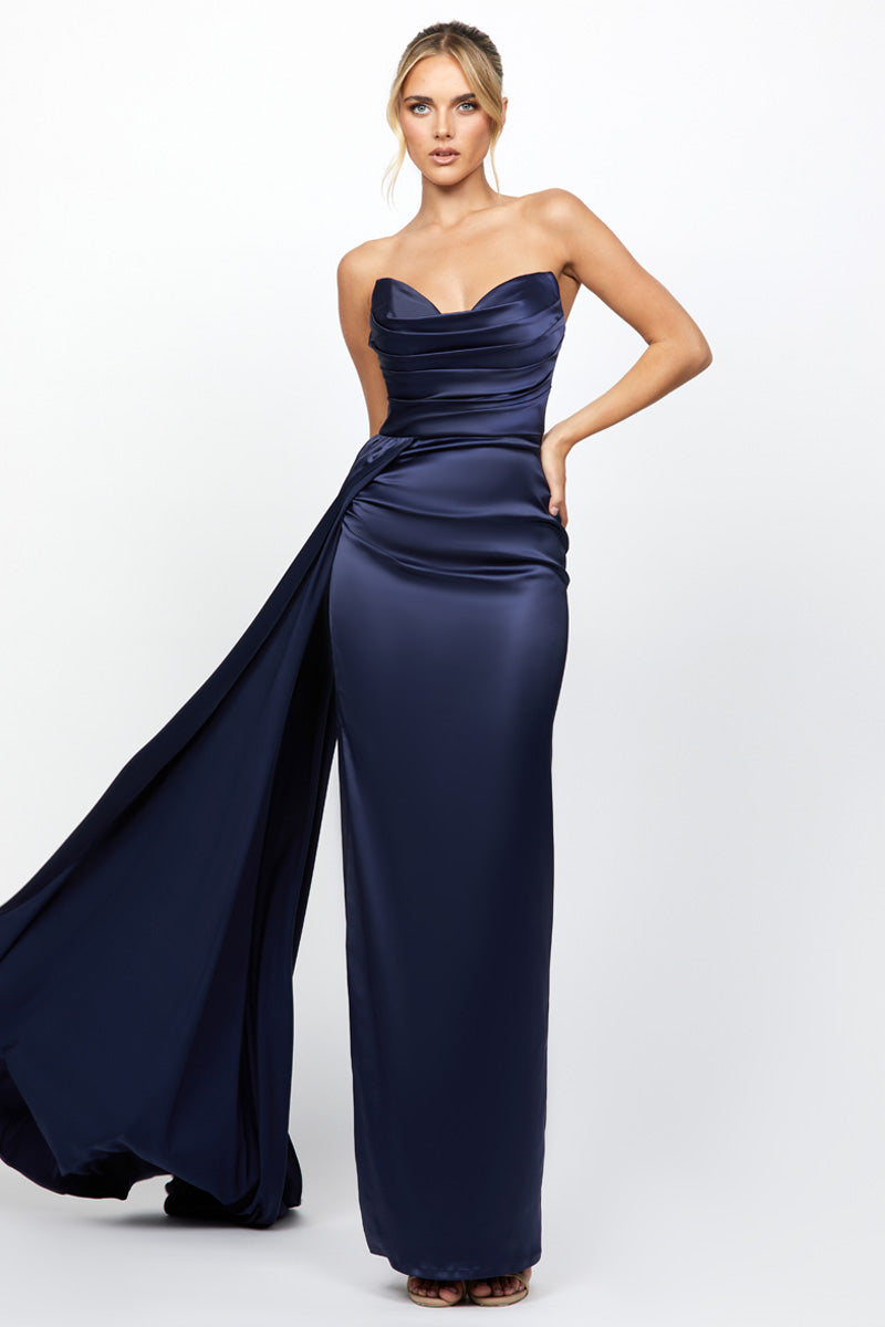 BONNI STRAPLESS SASH GOWN IN NAVY