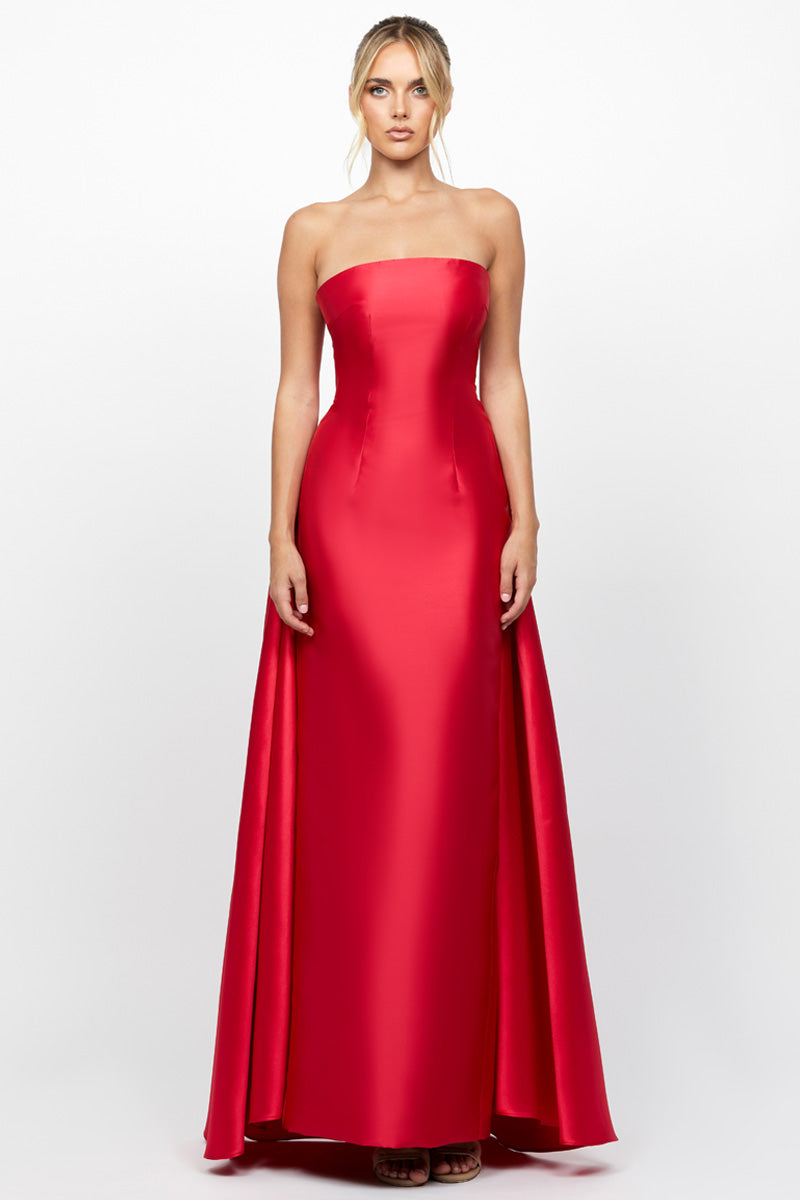 GRAYCE STRAPLESS SATIN GOWN IN CRIMSON