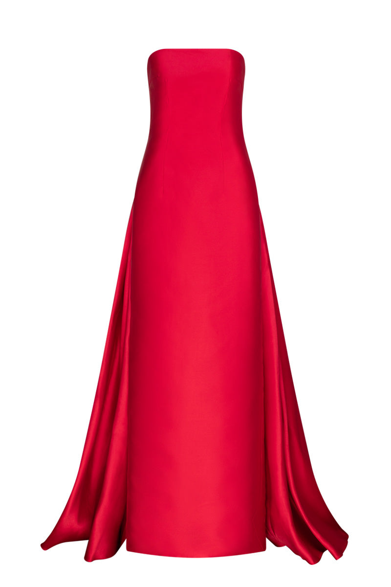 GRAYCE STRAPLESS SATIN GOWN IN CRIMSON