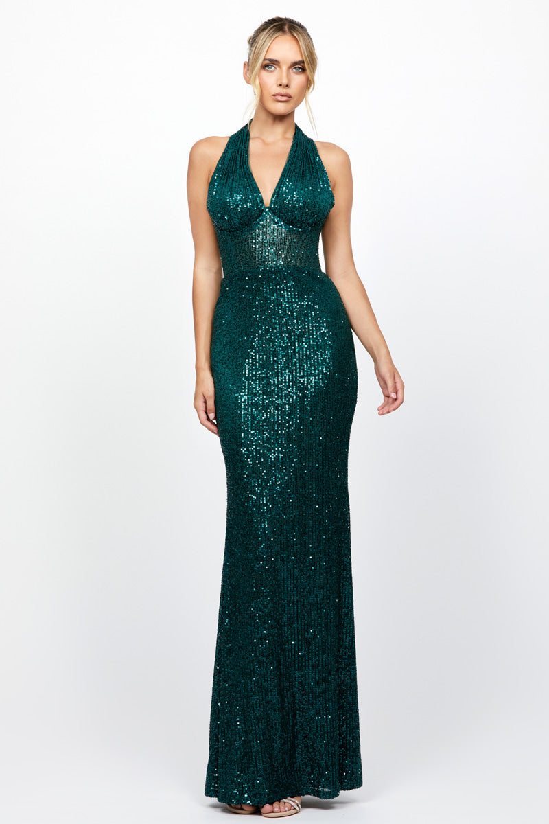 SHAYLYN SEQUIN HALTER GOWN IN EMERALD | CULT MIA | BARIANO SHAYLYN SEQUIN HALTER GOWN IN EMERALD | CULT MIA | BARIANO