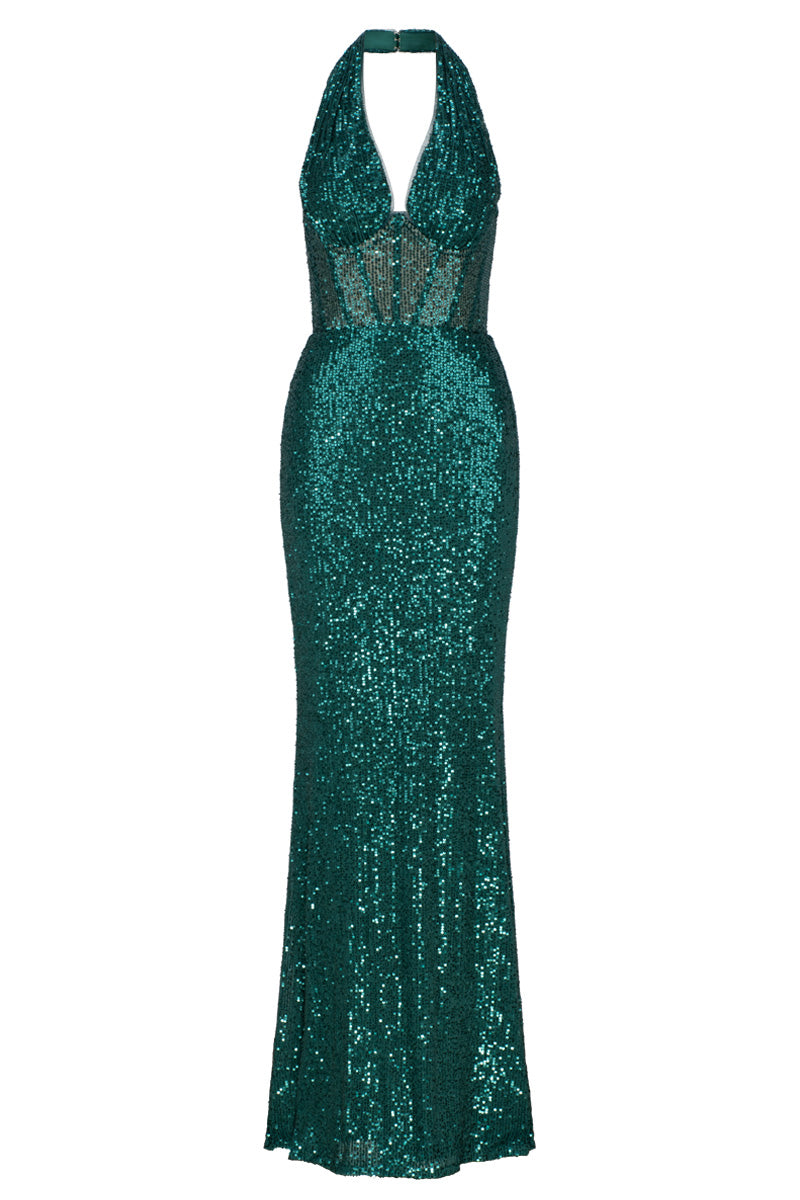 SHAYLYN SEQUIN HALTER GOWN IN EMERALD