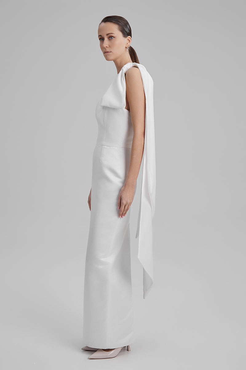white maxi dress with cape Crystal Sleeve Premium satin Elegant Sheer Cape Layered Maxi