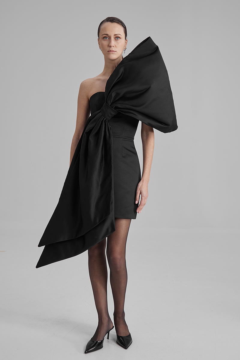 JOY BLACK MINI DRESS WITH HUGE BOW - CULT MIA