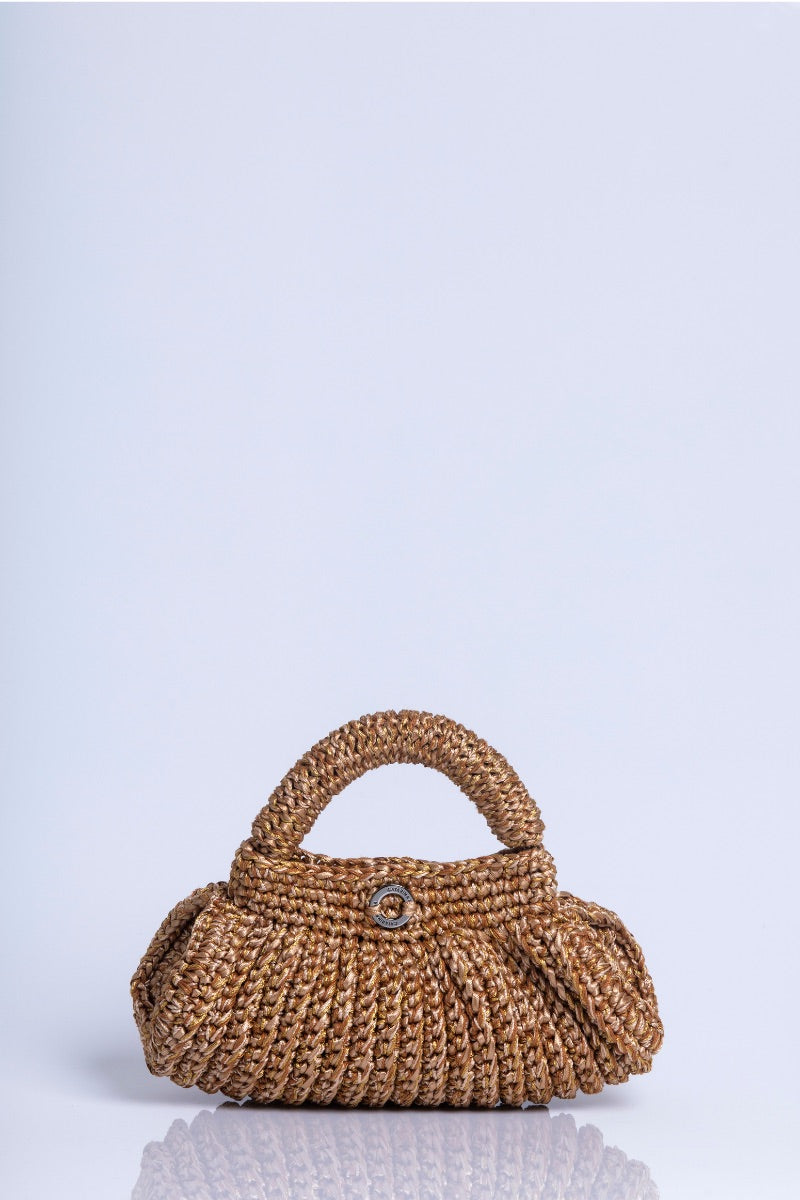 Gold Catarina Mina Cantiga clutch purse with elegant design and polished finish, perfect for evening and special occasions.