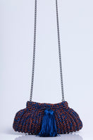 Catarina Mina Cantiga terrablue clutch bag with intricate design and gold clasp, stylish accessory for evening occasions.