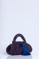 Catarina Mina Cantiga terrablue clutch bag with woven design, compact size, and elegant style for evening use.
