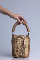Catarina Mina top handle bag in sandy beige with sleek design and minimalist style, featuring a structured silhouette and elegant straps.
