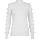 White MAZ Manuela Álvarez BASIC BOWS sweater, shown on a hanger with a close-up of the soft knit fabric and bow detail.