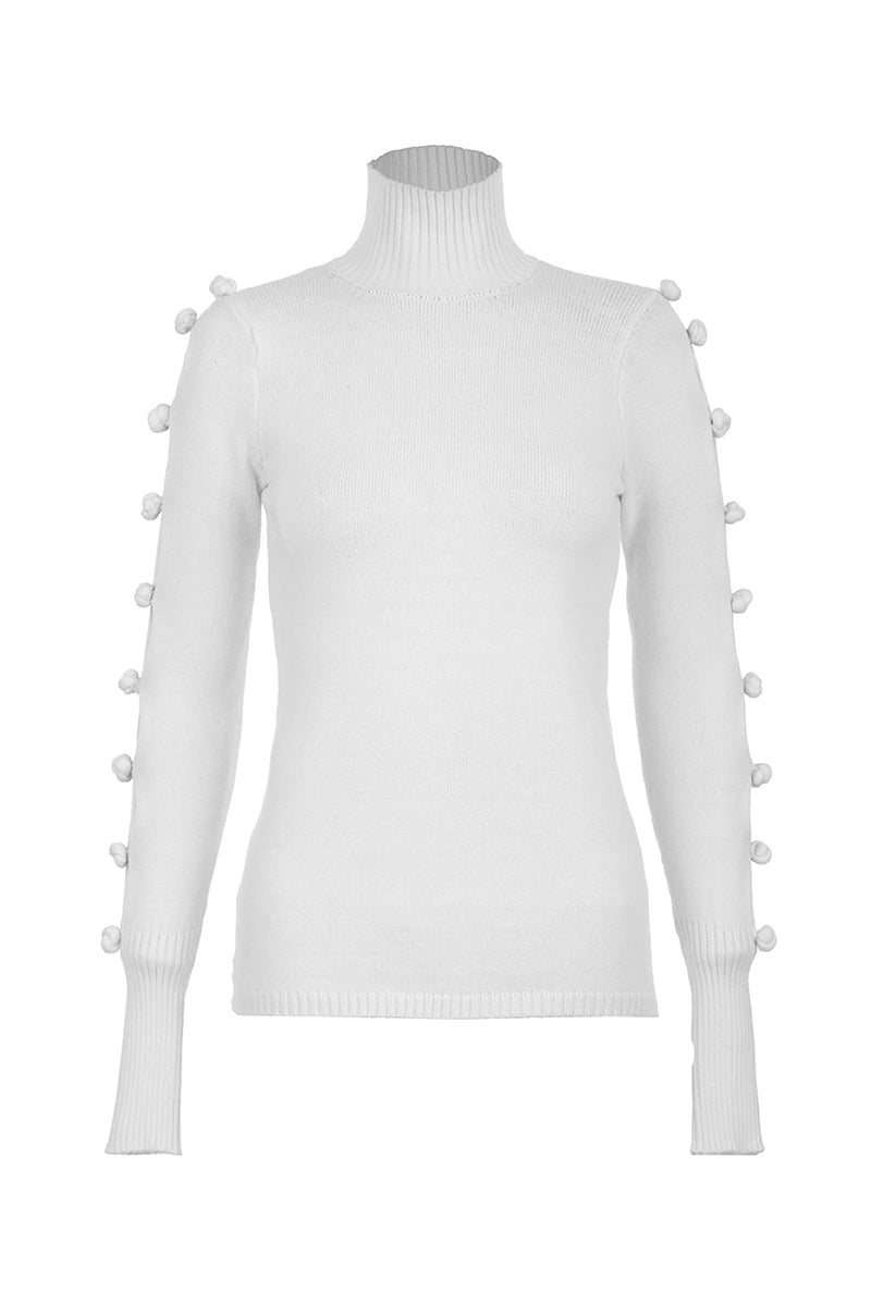 White MAZ Manuela Álvarez BASIC BOWS sweater, shown on a hanger with a close-up of the soft knit fabric and bow detail.