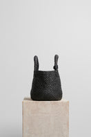Black raffia basket bag with top handle from FolkLore The Label, showcasing its woven texture and stylish design.