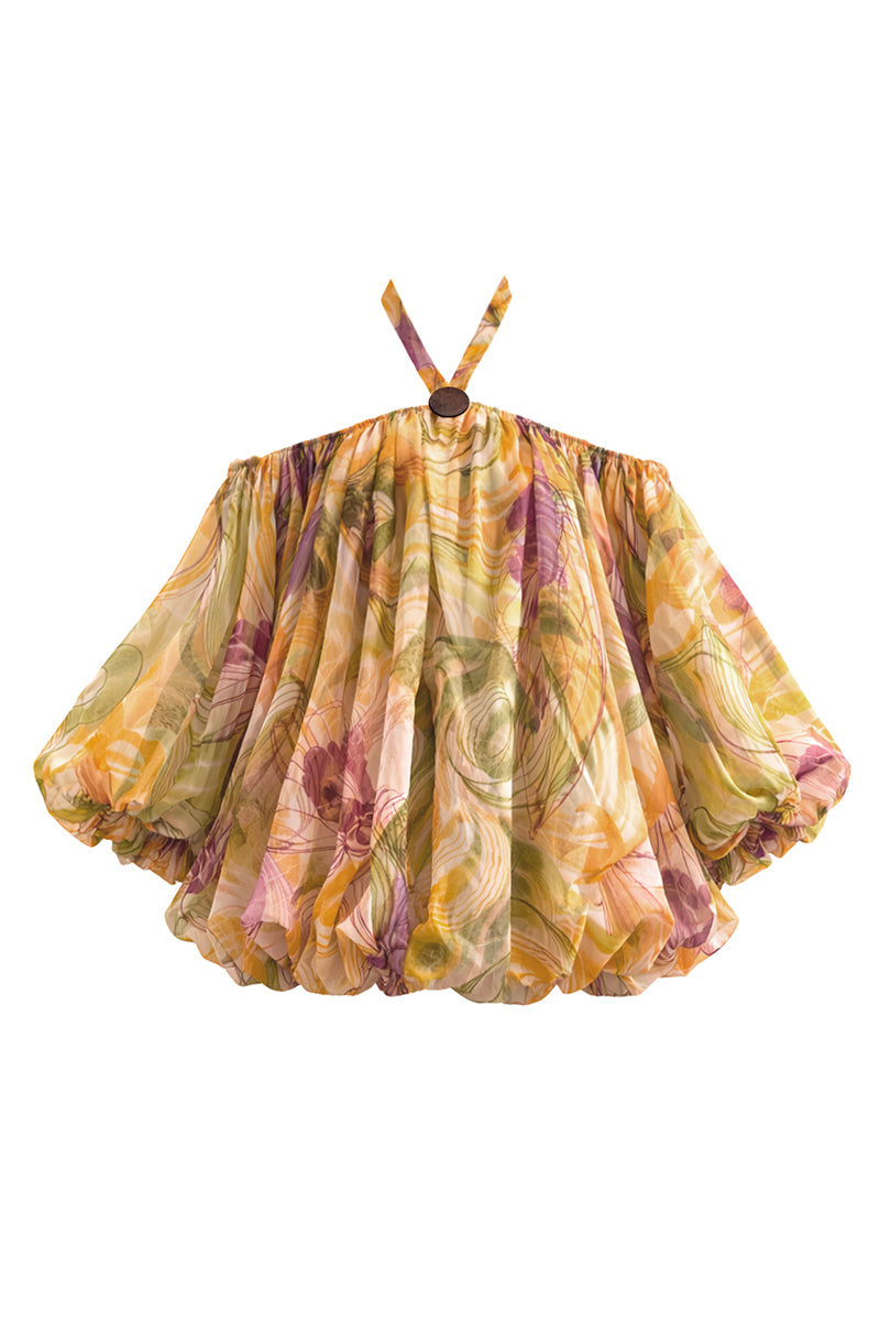 Andrea Iyamah Bayo Bubble Dress in Vibrant Print, a stylish mini dress with colorful, eye-catching fabric and bubble silhouette.