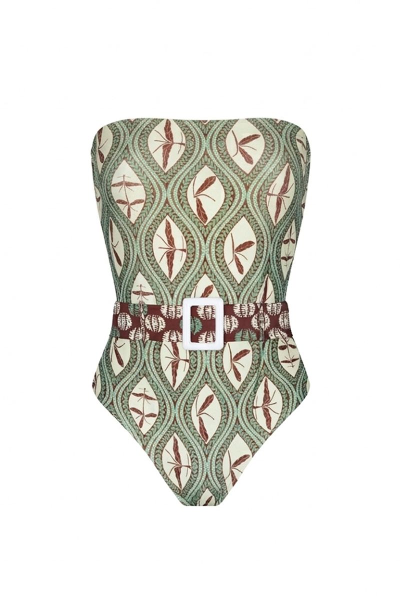 Aguaclara Bedouine one-piece swimsuit with a colorful, patterned design, featuring a fitted silhouette and classic swimwear style.