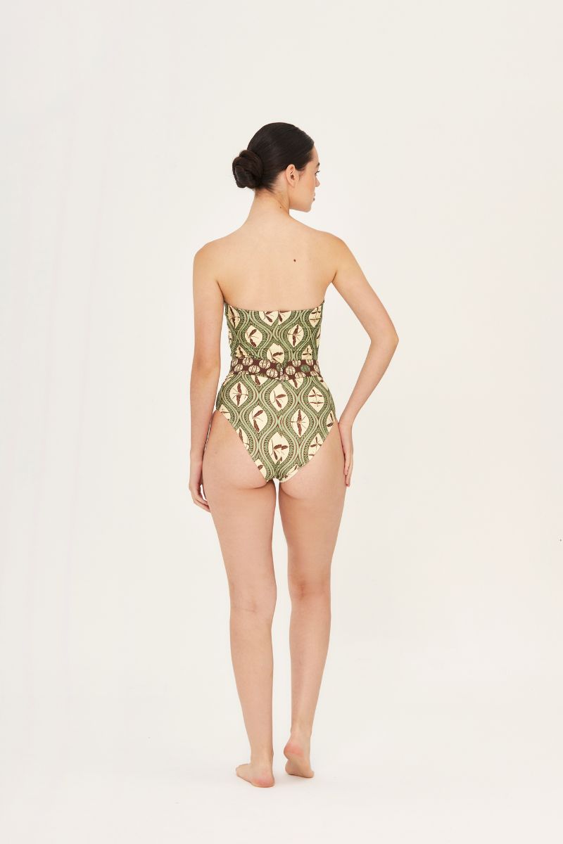 Aguaclara Bedouine one-piece swimsuit with a stylish, patterned design, featuring a scoop neckline and full coverage.
