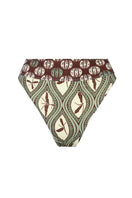Aguaclara Bedouine high rise bikini bottoms in vibrant print, shown on a model, with a high waist and cheeky coverage.