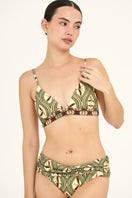 Aguaclara Bedouine fixed triangle bikini top in vibrant fabric, showing the classic triangle shape and adjustable straps.