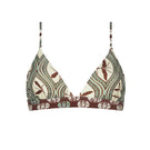 Aguaclara Bedouine fixed triangle bikini top in vibrant fabric, showing the stylish design and adjustable straps.