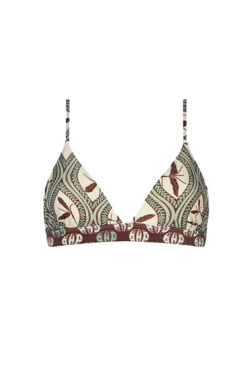 Aguaclara Bedouine fixed triangle bikini top in vibrant print, featuring adjustable straps and triangle cups.