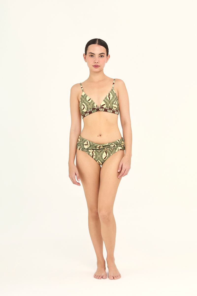 Aguaclara Bedouine fixed triangle bikini top in vibrant fabric, featuring adjustable straps and a classic triangle design.