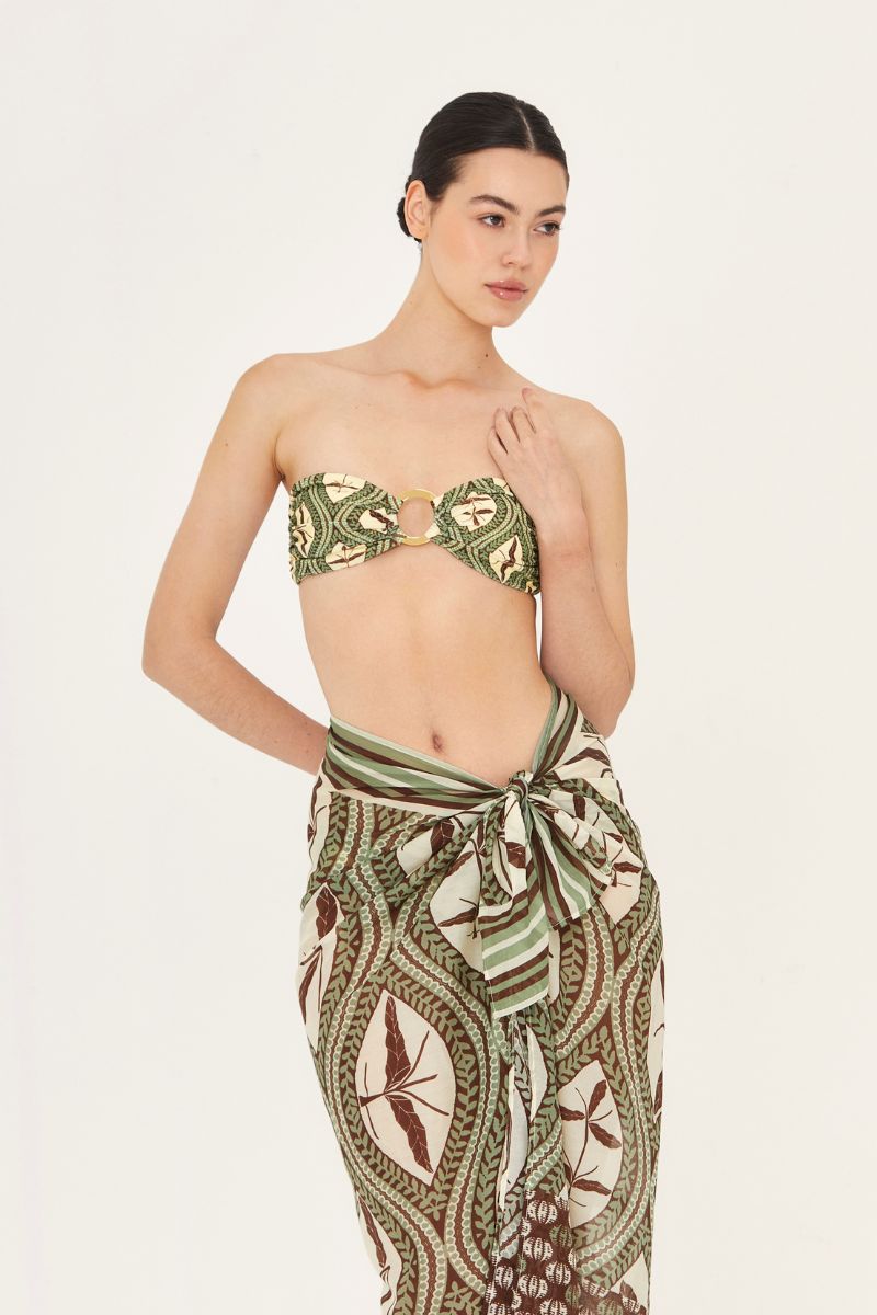 Aguaclara Bedouine bandeau bikini top in vibrant print, featuring a strapless design and ruched detail, perfect for beachwear.