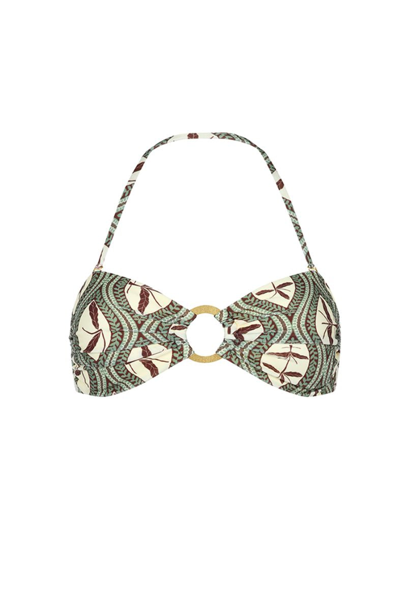 Aguaclara Bedouine bandeau bikini top in vibrant pattern, featuring a strapless design with ruched front and removable straps.