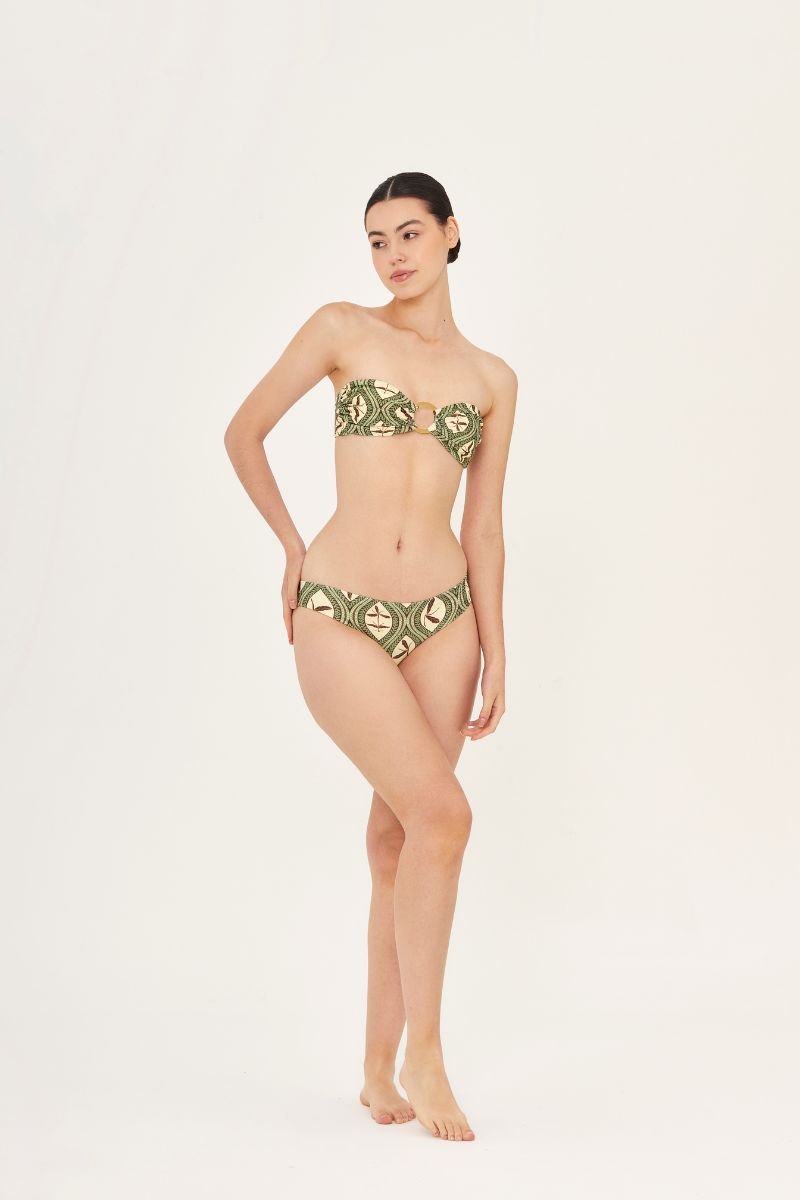 Aguaclara Bedouine bandeau bikini top in vibrant print, featuring a strapless design with a ruched center and smooth fabric.