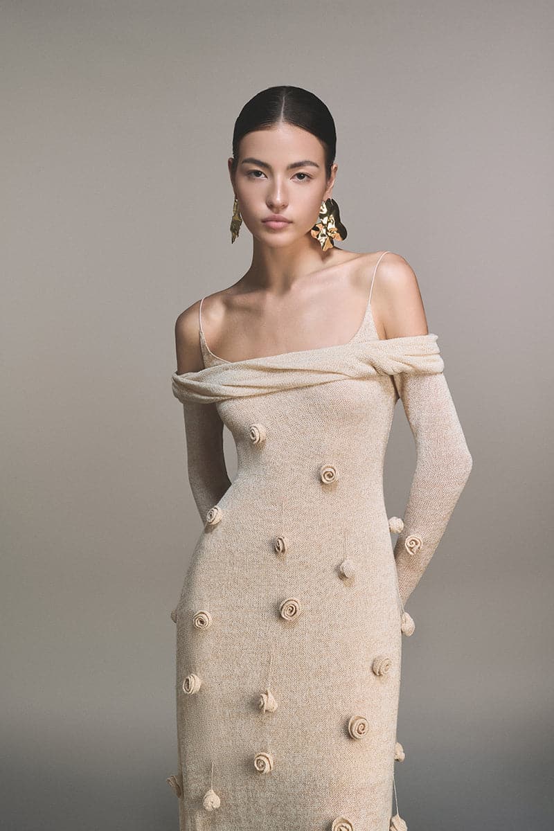 BEIGE OFF-SHOULDER FLORAL DRESS - CULT MIA
