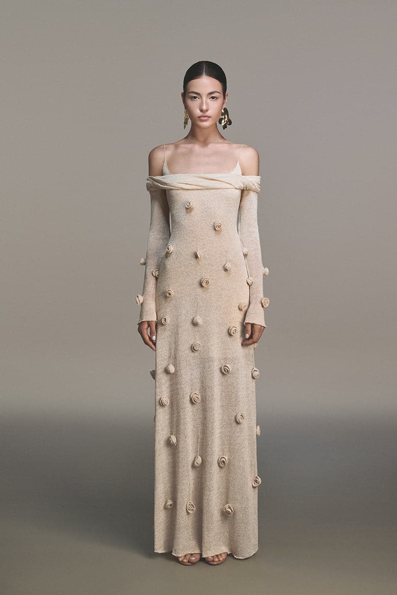 BEIGE OFF-SHOULDER FLORAL DRESS - CULT MIA