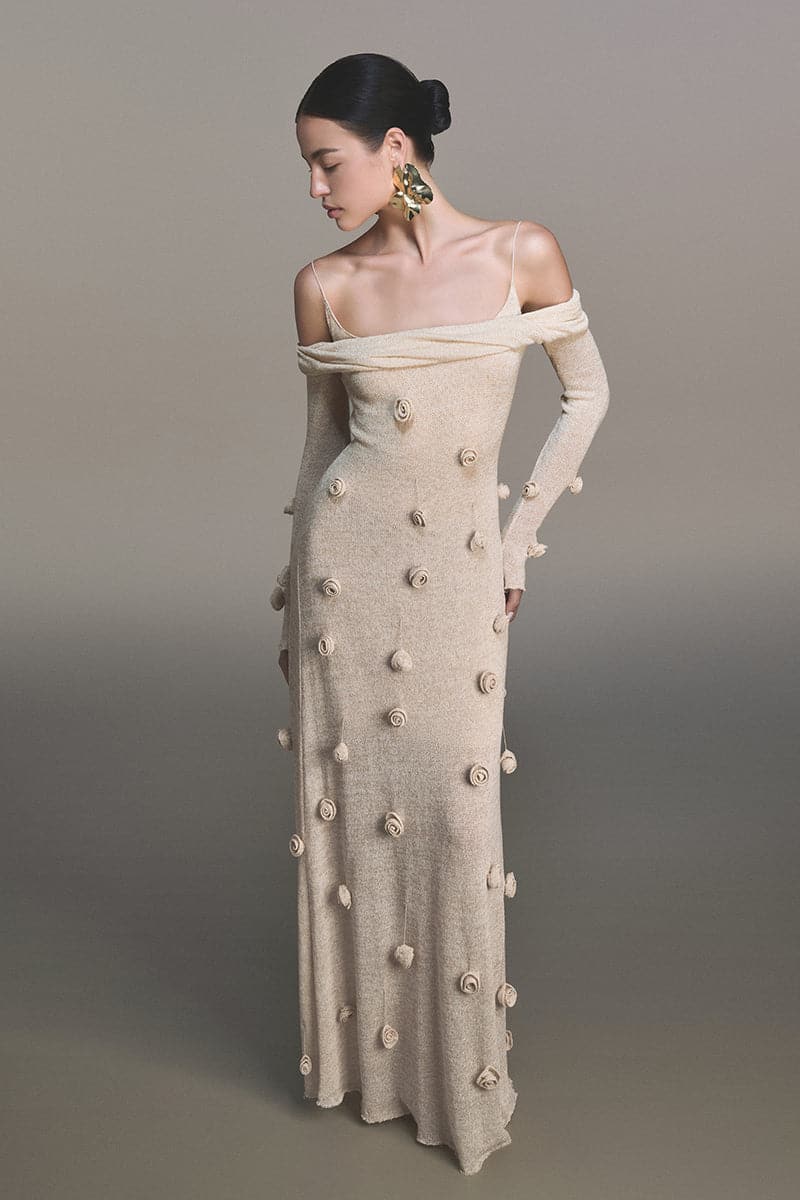 BEIGE OFF-SHOULDER FLORAL DRESS - CULT MIA