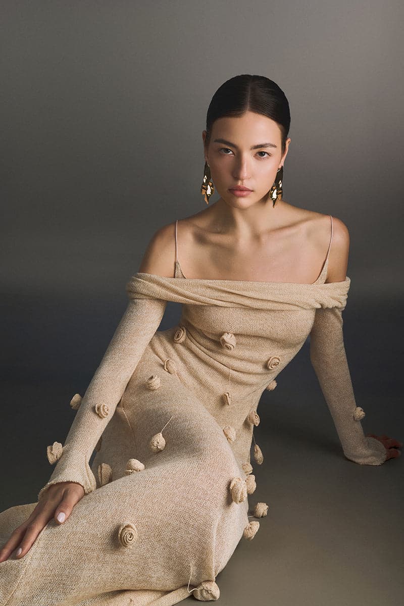 BEIGE OFF-SHOULDER FLORAL DRESS - CULT MIA