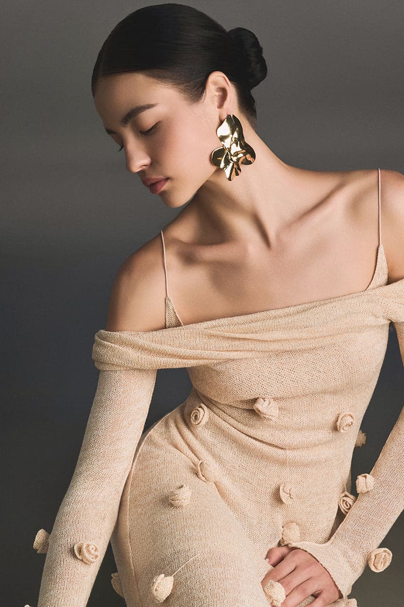 BEIGE OFF-SHOULDER FLORAL DRESS - CULT MIA
