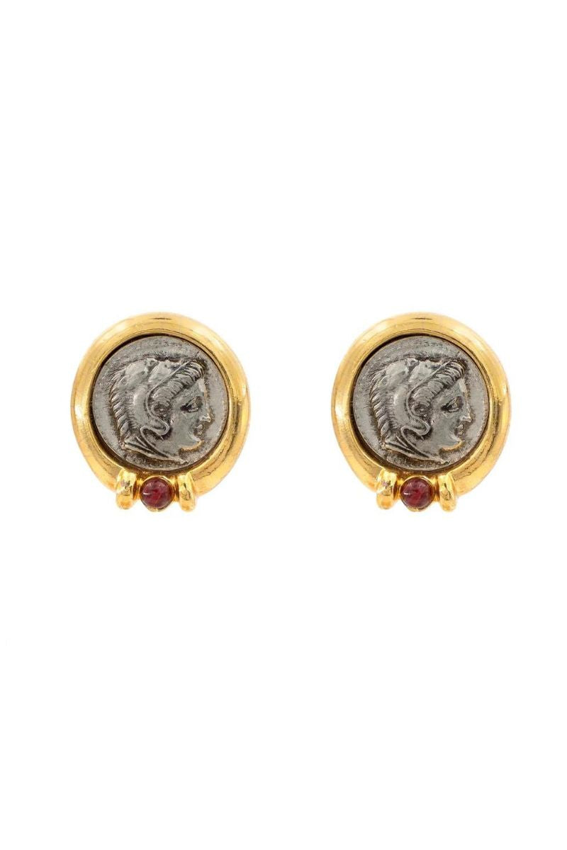 Gold Ilaria coin earrings by Ben Amun featuring circular coin design with intricate detailing and a polished finish.