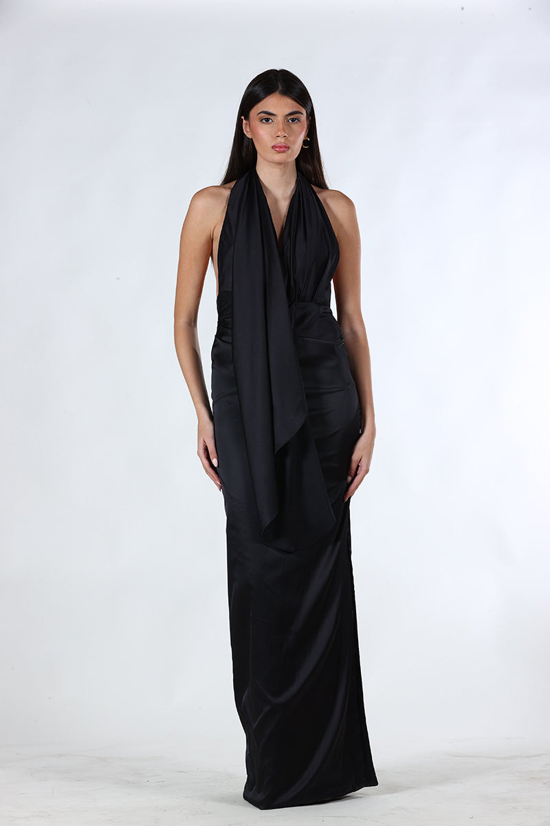 Aquarel Studio black maxi dress from the Solace collection, flowing fabric, sleeveless design, perfect for elegant occasions.