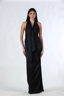 Aquarel Studio black maxi dress from the Solace collection, featuring a flowing silhouette and elegant design.