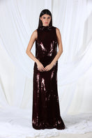 Aquarel Studio Eclipse brown gown with flowing fabric and elegant design, displayed on a mannequin.