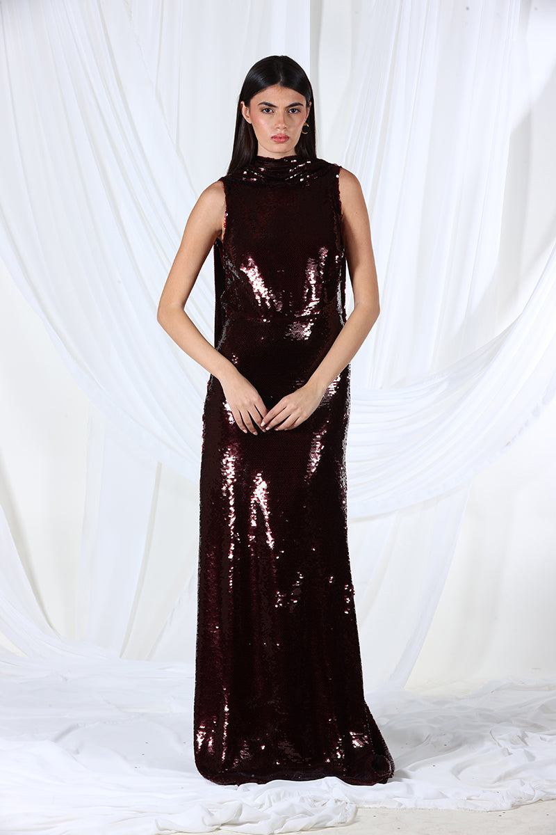 Aquarel Studio Eclipse brown gown with flowing fabric and elegant design, displayed on a mannequin.