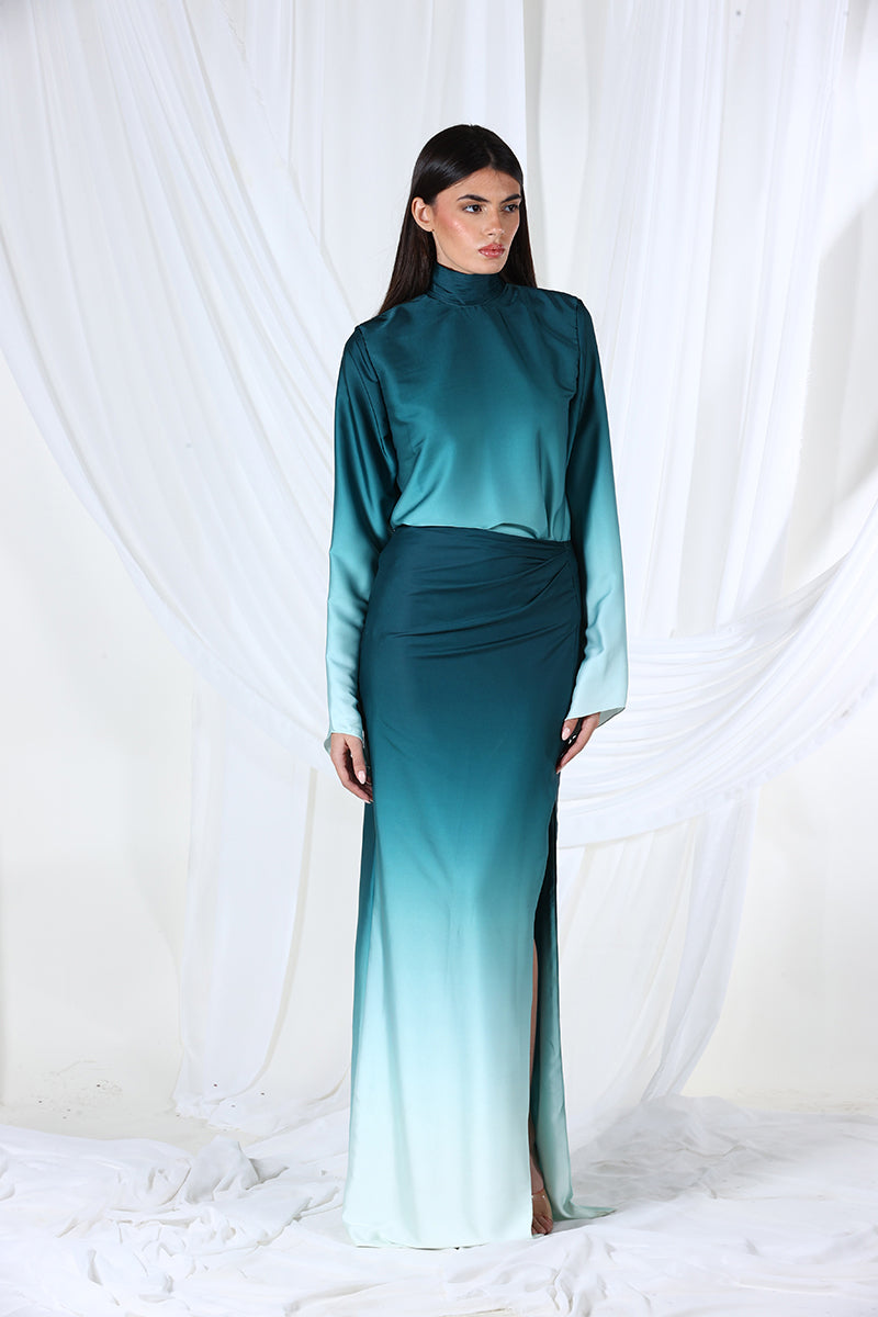AquaRel Studio blue gradient maxi skirt with flowing fabric and elegant design, perfect for casual or formal wear.