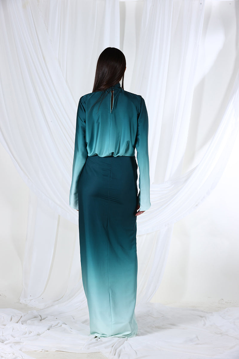 Blue gradient flow skirt by Aquarel Studio, maxi length with soft fabric and elegant drape, shown on a neutral background.