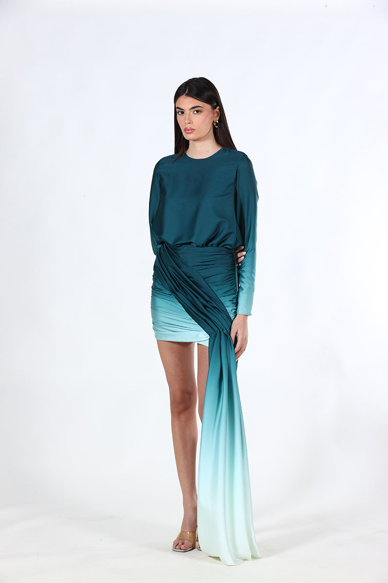 Blue gradient Zephyr short dress by Aquarel Studio, mini dress style with flowing fabric and stylish fit.