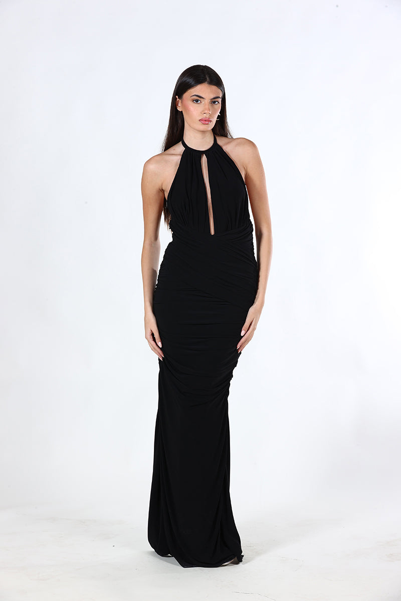 Aquarel Studio black Stella maxi dress displayed on a hanger with flowing fabric and elegant design.