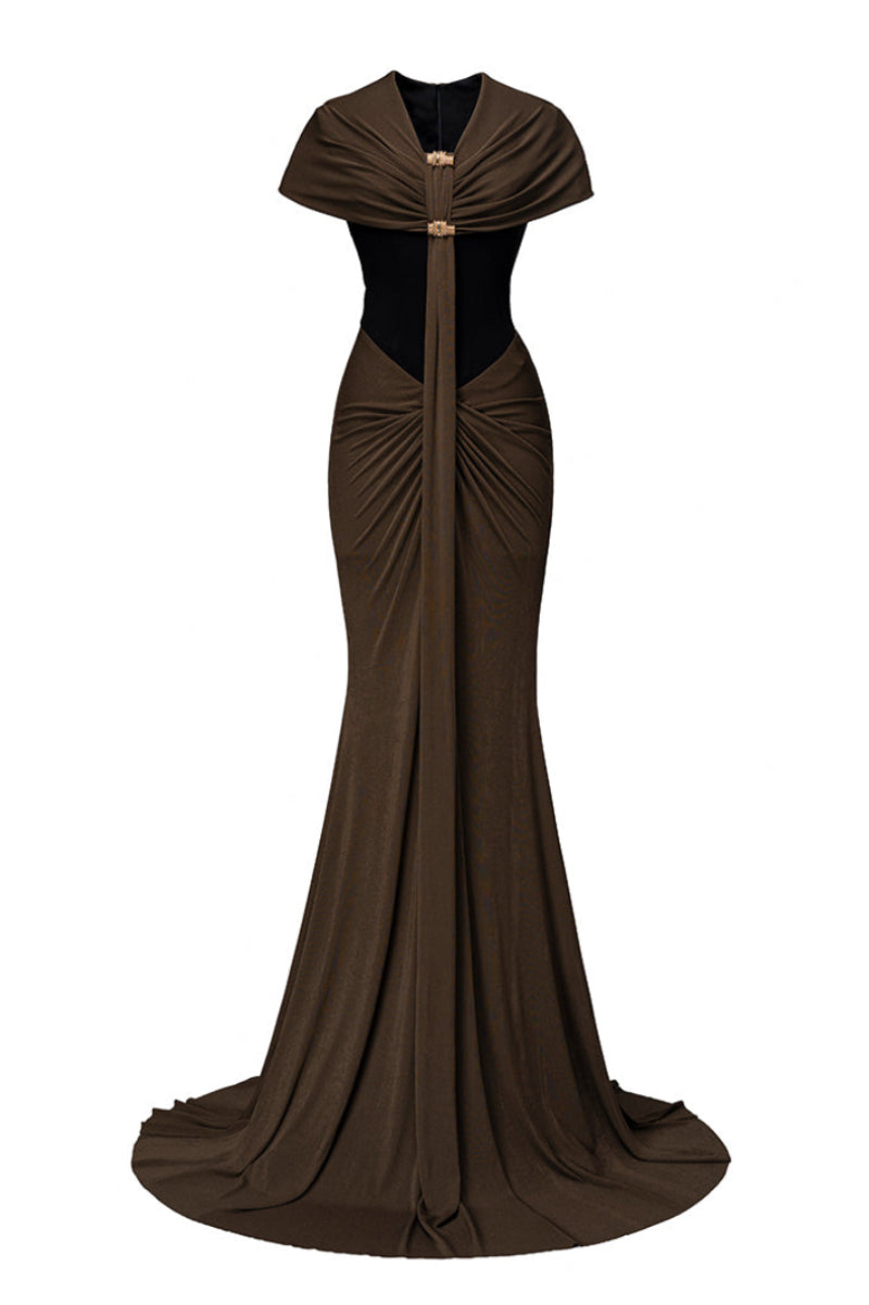Jenny K Tran Bessie gown in black and umber, elegant long dress with flowing fabric and stylish design.